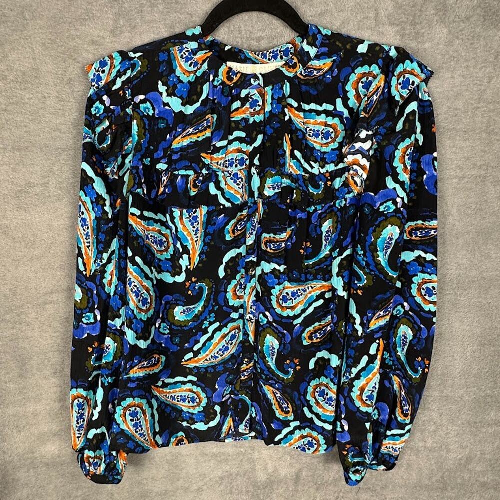 Marie Oliver Top Womens XS Blue Paisley Silk Ruffle Button Down Quiet Luxury